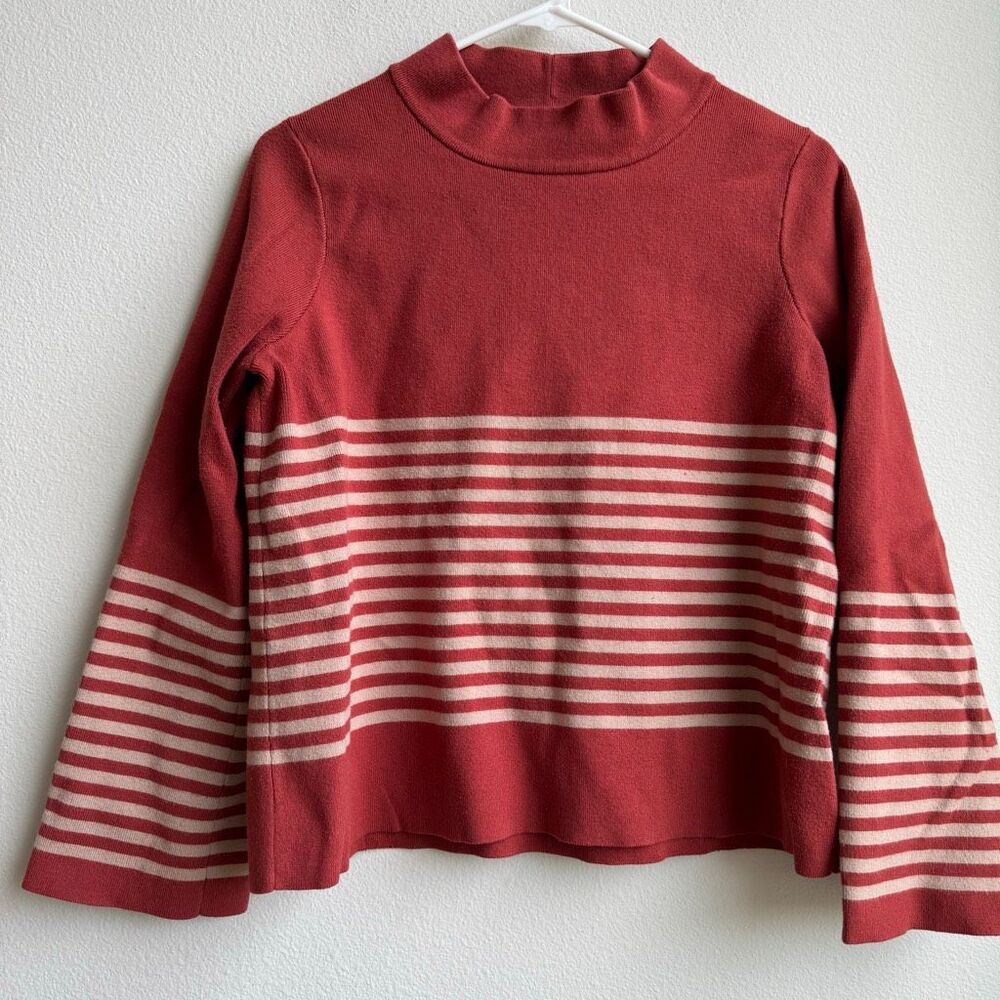 Roolee Denton Teal Orange Red Striped Bell Sleeve Boho Sweater Size Medium - Picture 2 of 8